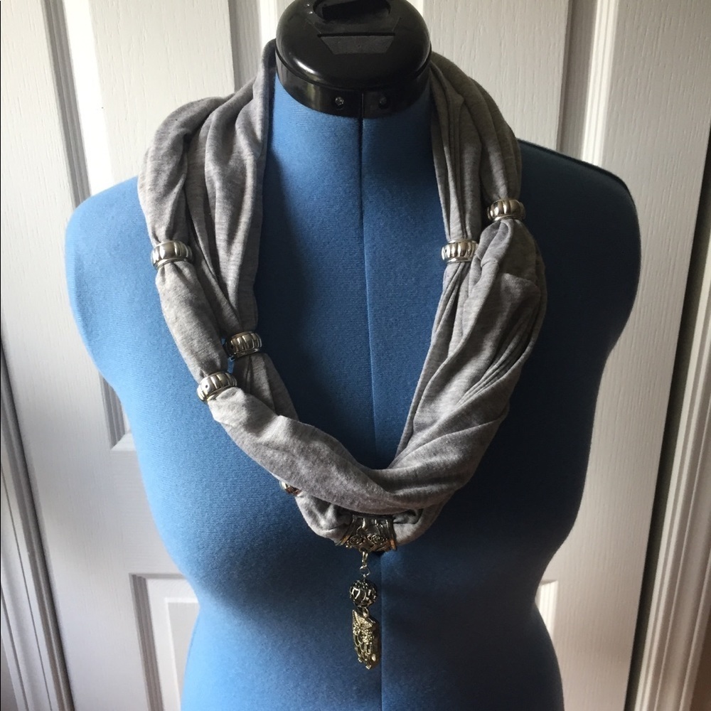 Grey infinity scarf with owl charm